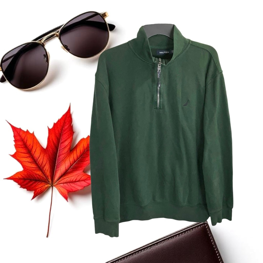 Nautica Dark Forest Green Partial Zip Pullover Sweatshirt Men XL